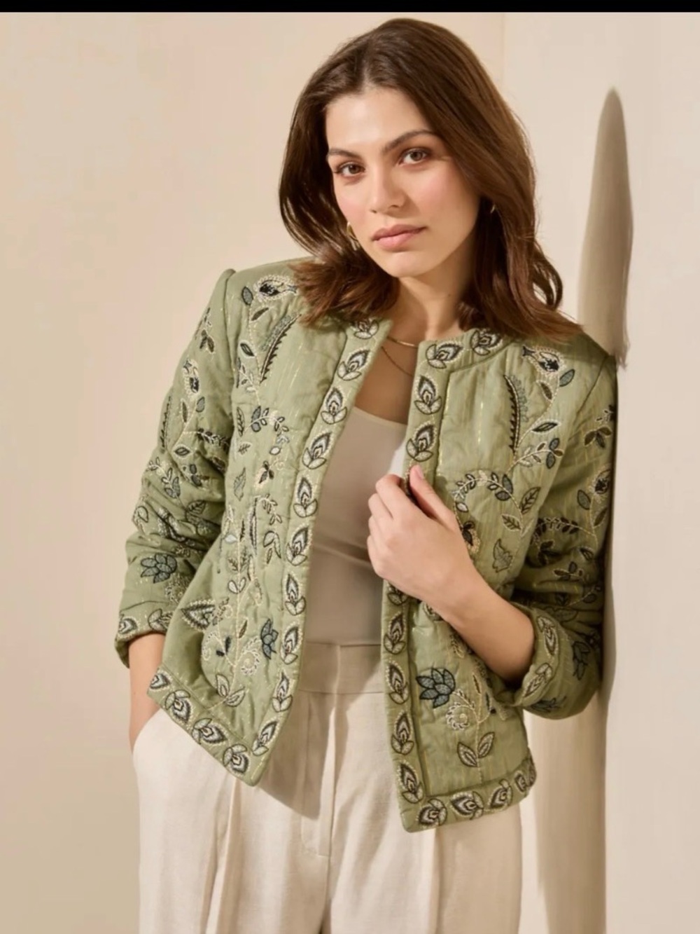 NWT Embroidered Sage Green Women's Jacket, size UK 14 equivalent to a US size 10